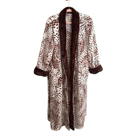 NATORI Animal Print Snow Leopard Plush Long Wrap Robe Loungewear Neutral Size XL - Picture 10 of 16